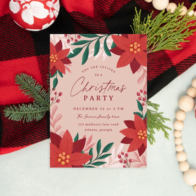 Convite Festivo Poinsettia Flores Festa de Natal (elegant Christmas party invitation with poinsettias and foliage.)