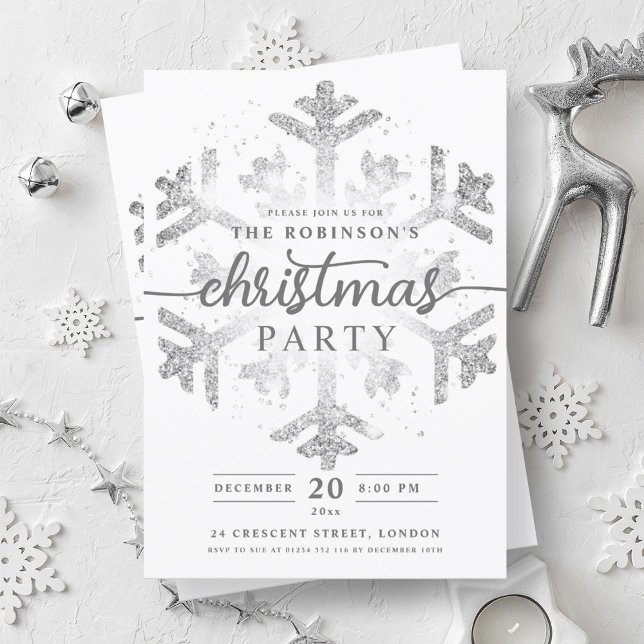Convite Festivo Prata Winter Snowflake Festa de Natal (Festive Silver Winter Snowflake Christmas Party Invitation)