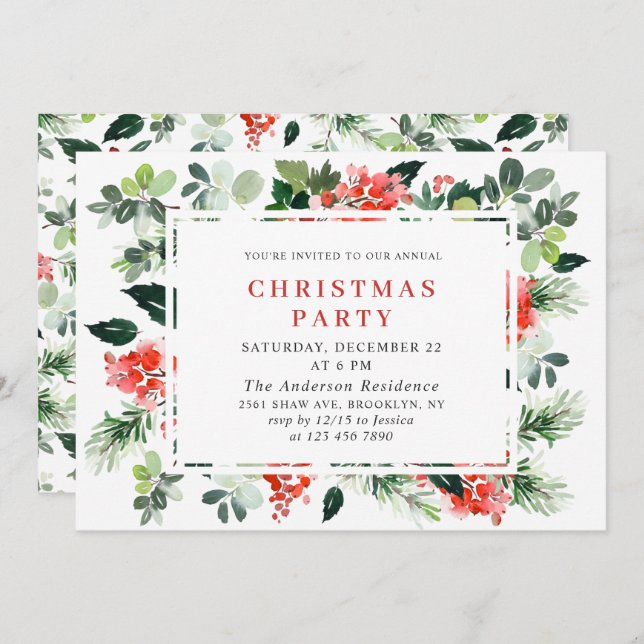 Convite Festivo Red Poinsettia Feriado Festa de Natal (Frente/Verso)