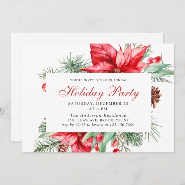 Convite Festivo Red Poinsettia Feriado Festa de Natal (Frente/Verso)