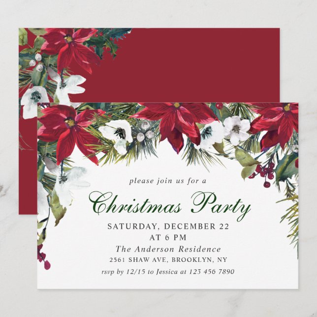 Convite Festivo Red Poinsettia Feriado Festa de Natal (Frente/Verso)