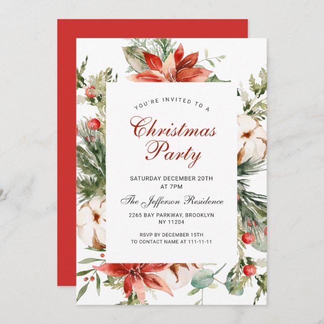 Convite Festivo Red Poinsettia Feriado Festa de Natal (Frente/Verso)
