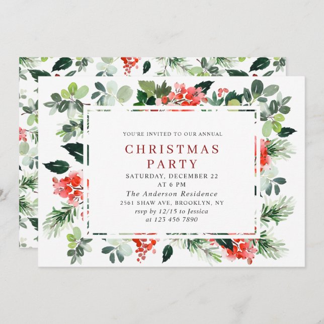 Convite Festivo Red Poinsettia Feriado Festa de Natal (Frente/Verso)