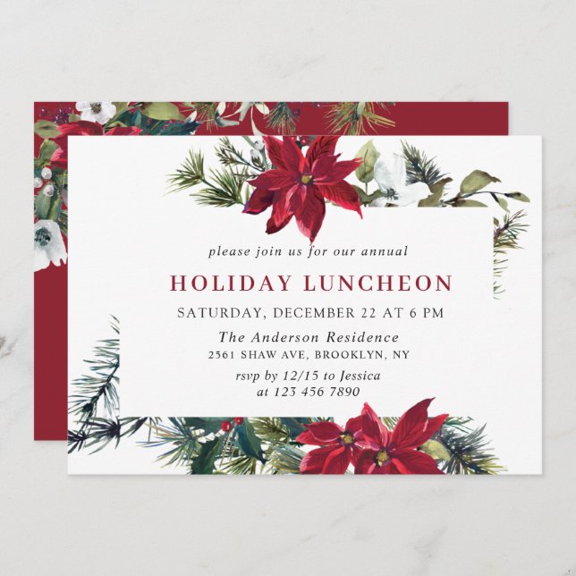 Convite Festivo Red Poinsettia Natal HOLIDAY LUNCHEON (Frente/Verso)