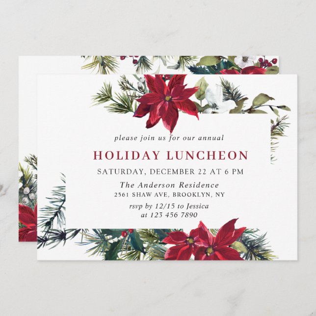 Convite Festivo Red Poinsettia Natal HOLIDAY LUNCHEON (Frente/Verso)