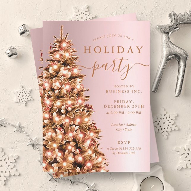 Convite Festivo Rosa Dourado Festa de Férias da Companhia  (Festive Rose Gold Xmas Tree Company Holiday Party Invitation)