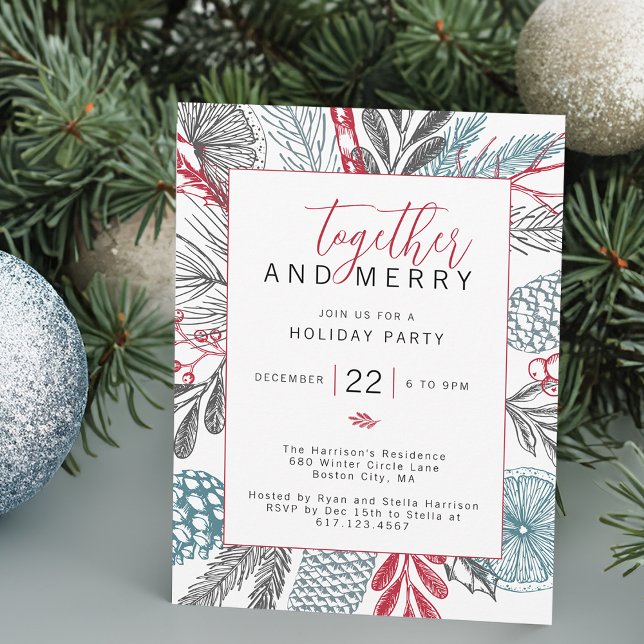 Convite Festivo Winter Greenery Foliday Party (Festive Winter Greenery Holiday Party Invitation)