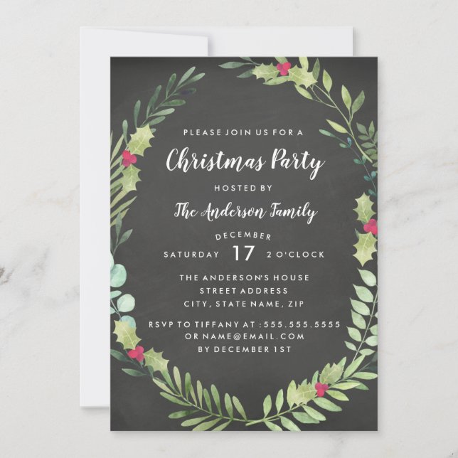 Convite Festivo Wreath Chalkboard Christmas Party Card (Frente)