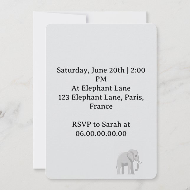 Convite Fête de bienvenue du petit éléphant  (Verso)