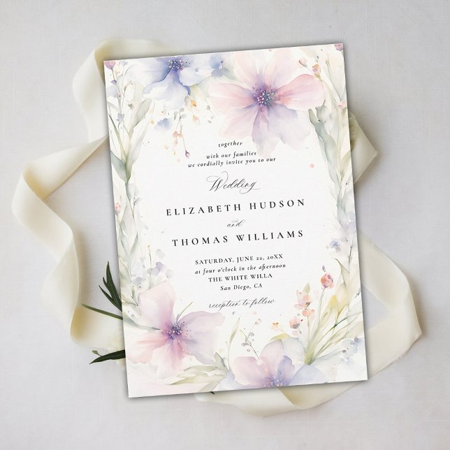 Convite Fête Romântica Primavera Elegante de Flores Selvag (wildflower wedding theme invitation delicate watercolor meadow modern classic formal elegant spring )