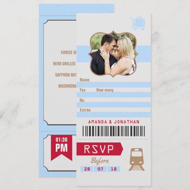 Convite Ficha de bilhete de trem de RSVP de casamento retr (Frente/Verso)