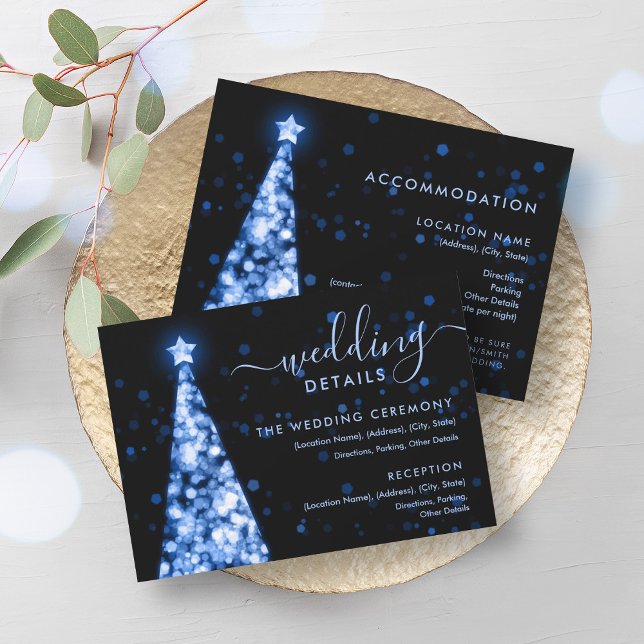 Convite Ficha de Detalhes do Casamento Azul Marinho de Árv (Festive Xmas Tree Navy Blue Wedding Details Card)