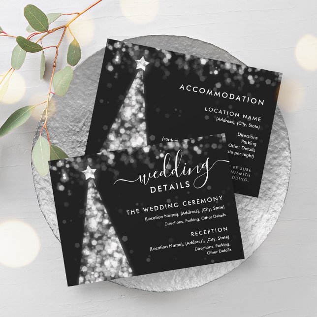 Convite Ficha de Detalhes do Casamento da Árvore de Prata  (Festive Xmas Tree Silver Wedding Details Card)