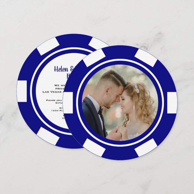 Convite Ficha de Pôquer Azul Marinho Casamento Fuga de Cas (Frente/Verso)