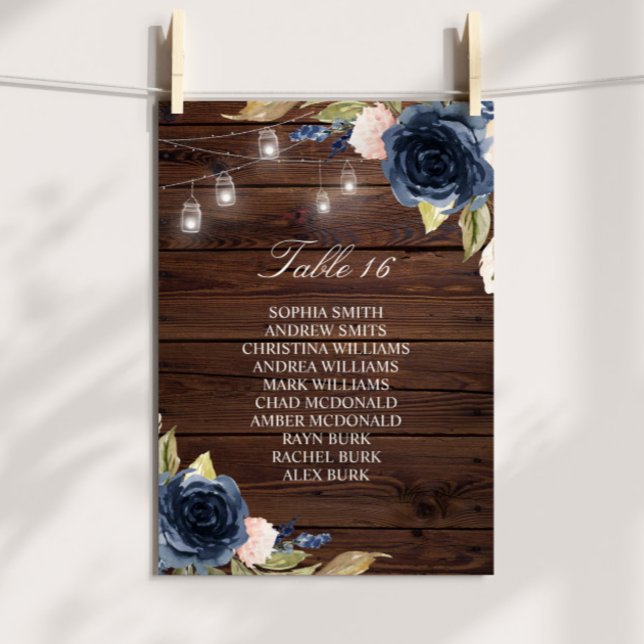Convite Ficha do marinho Blue Flowers Rustic Seating Chart (Criador carregado)