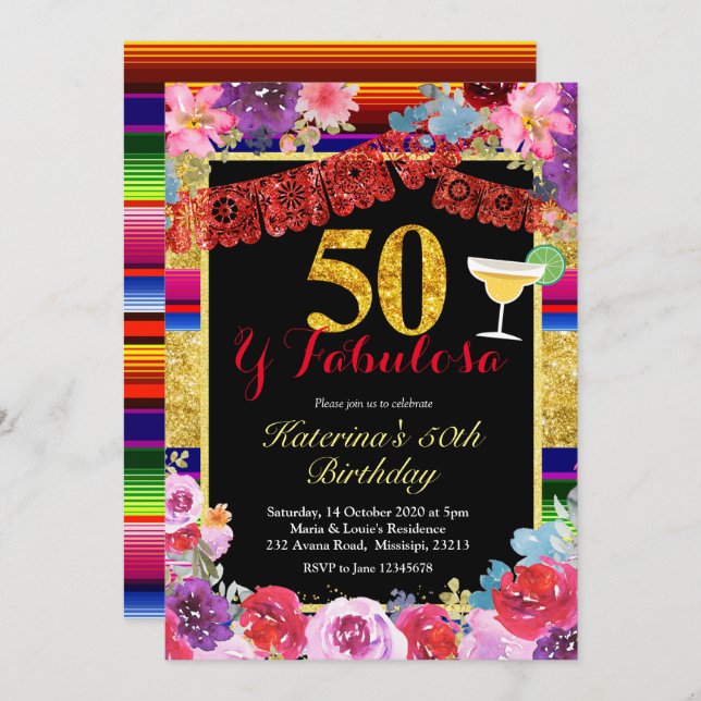 Convite Fiesta 50 espanhol e Fabulous Birthday (Frente/Verso)