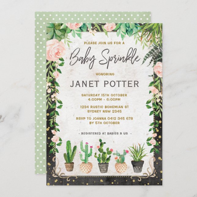 Convite Fiesta Baby Sprinkle Invitation Cactus Greenery (Frente/Verso)