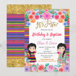 Convite Fiesta Birthday e Baptism para raparigas gêmeas