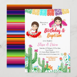 Convite Fiesta Birthday e Baptism para raparigas gêmeas
