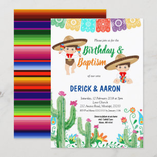 Convite Fiesta Birthday e Baptism para rapazes gêmeos