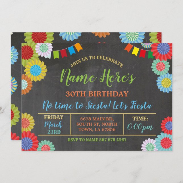 Convite Fiesta Birthday Floral Mexicano Fans Bright (Frente/Verso)