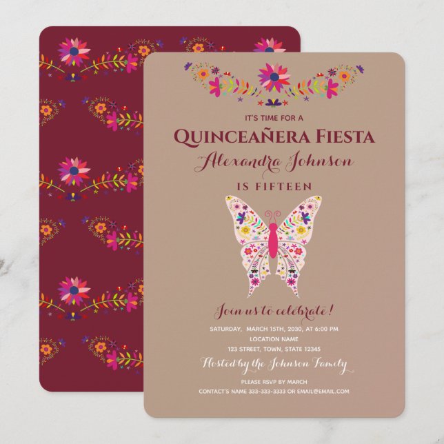 Convite Fiesta Butterfly Mexicana Quinceañera (Frente/Verso)