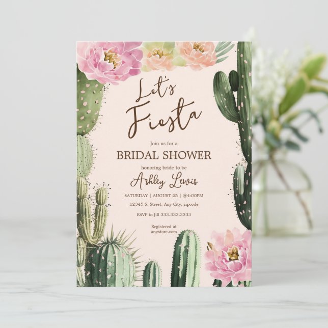 Convite Fiesta Cactus Boho, chá Rosa Floral (Em pé/Frente)