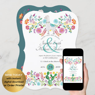 Convite Fiesta Casando com Llama Folk Flowers Cactos