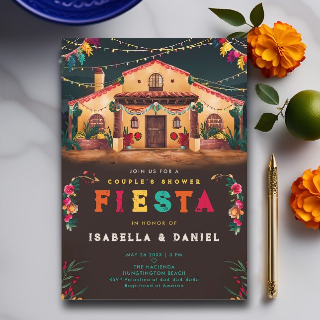 Convite Fiesta Coed Mexicano Hacienda Casal de Casamento (rancho mexican wedding couple shower invitation fiesta hacienda watercolor earthy brown elegant coed)
