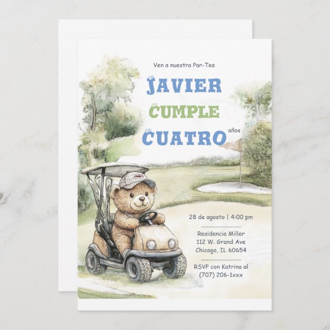 Convite Fiesta de Cumpleaños de Golf para Niño (Frente/Verso)