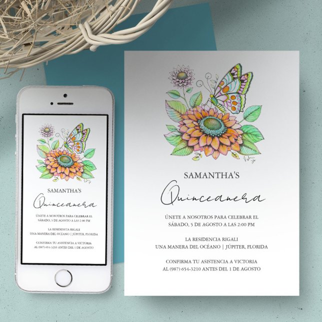 Convite Fiesta de Quinceañera con Tema de Mariposas (Quinceanera invitations designed with butterfly art by Victoria Grigaliunas of Do Tell A Belle)