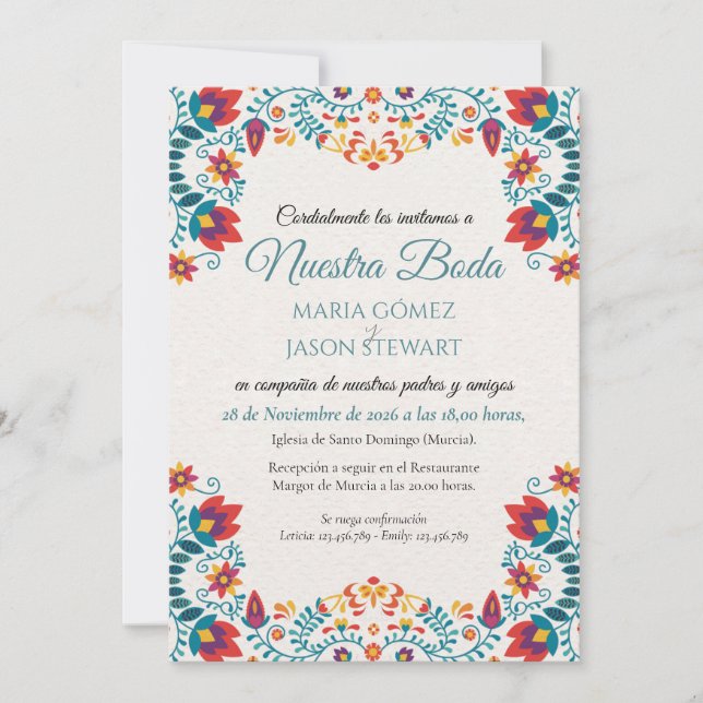 Convite Fiesta Elegant Colorful Floral Spanish Wedding (Frente)