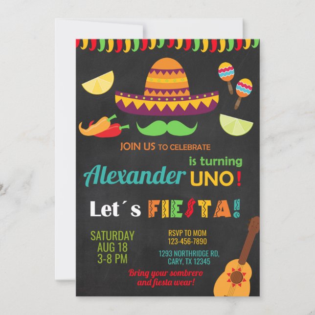 Convite Fiesta first 1st birthday invitation, boy fiesta. (Frente)