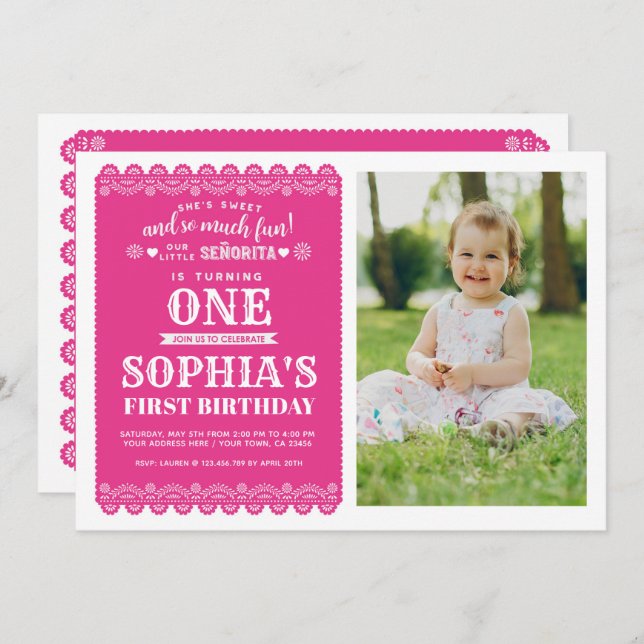 Convite Fiesta First Birthday, Papel Picado, primeiro aniv (Frente/Verso)