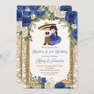 Convite Fiesta Floral Sibling Blue Baptism & Birthday