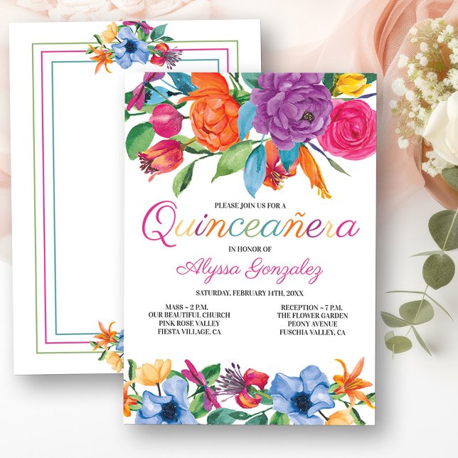 Convite Fiesta Flores Brancas Coloridas Quinceanera (Mass & Quinceanera Invitation from my Fiesta Flowers Quinceanera Collection)