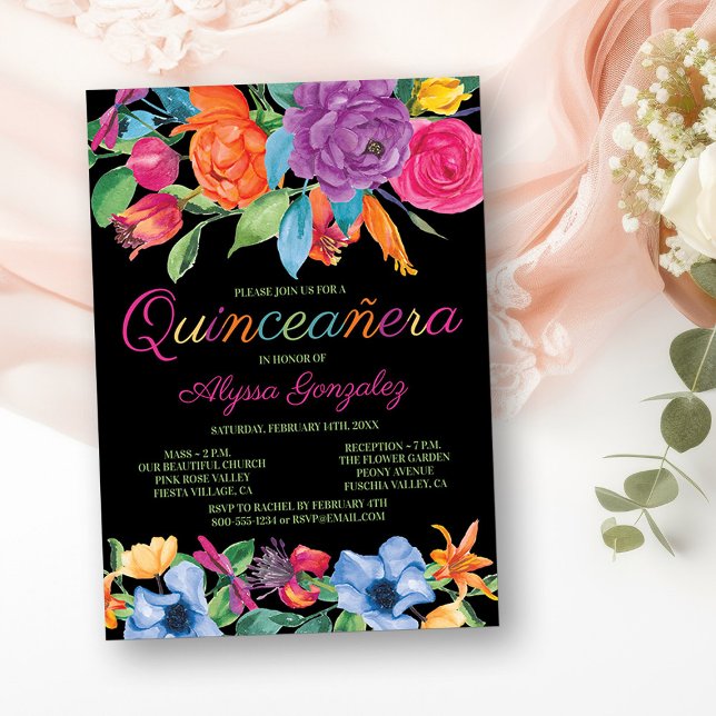 Convite Fiesta Flores Negras Coloridas Quinceanera (Mass & Quinceanera Invitation from my Fiesta Flowers Quinceanera Collection)