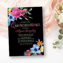 Convite Fiesta Flowers Black Watercolor Quinceanera Floral