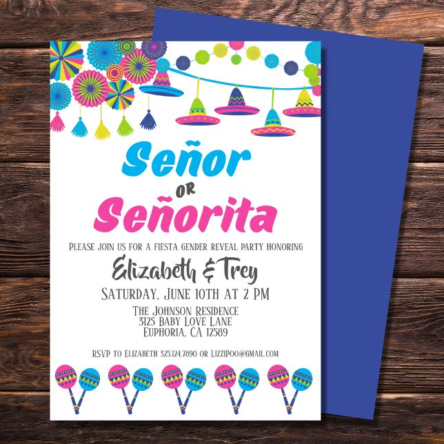 Convite Fiesta Gênero Reveal Señor ou Señorita (A cute invitation for your Fiesta baby gender reveal.)