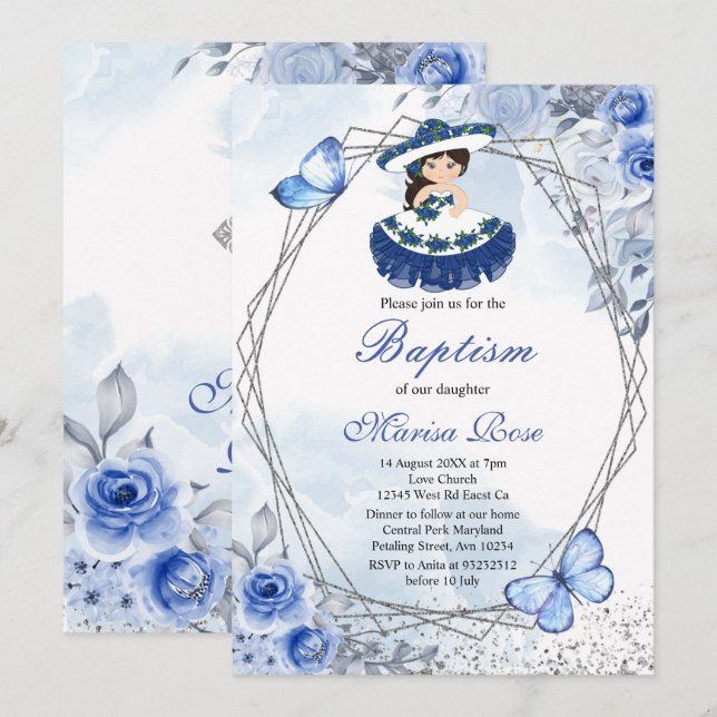 Convite Fiesta Girl Baptism Christening Pastel Floral (Frente/Verso)