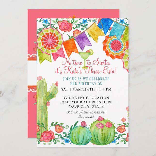 Convite Fiesta Margarita Floral Cactus Festa de aniversári (Frente/Verso)