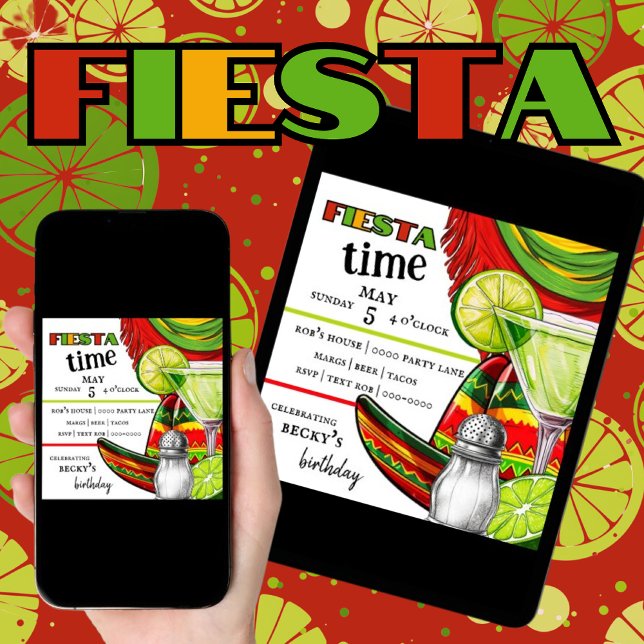 Convite Fiesta | Margarita | LIMÃO | Parte (Customize and download cinco de mayo, birthday, retirement themed party invitations in green, red. )