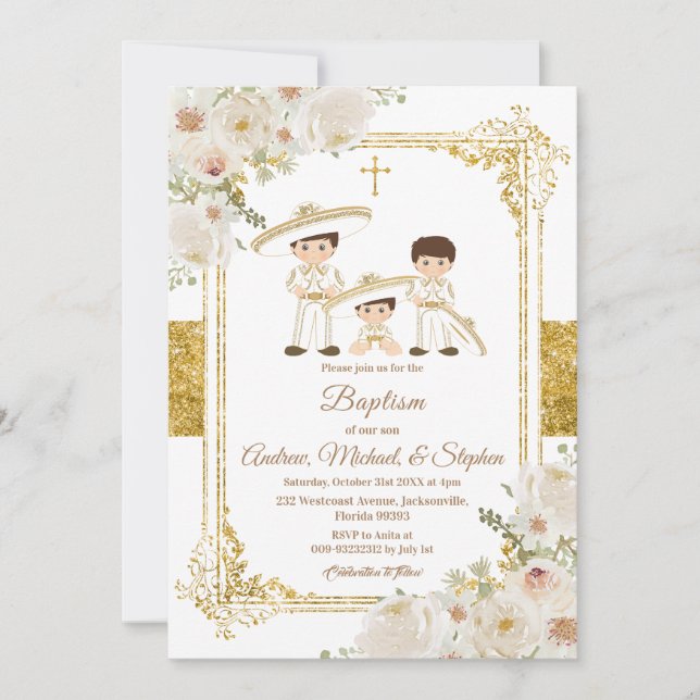 Convite Fiesta Mexicana Dourada Baptism & Birthday Invite (Frente)