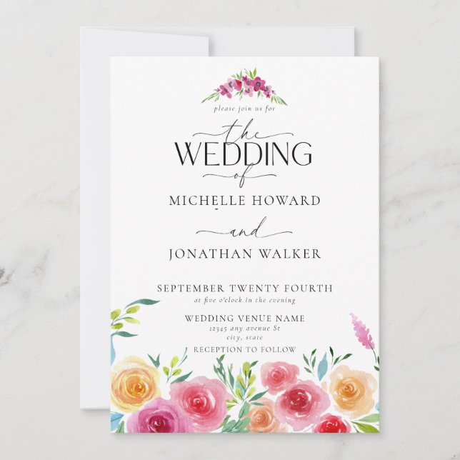 Convite Fiesta Mexicana Flores Elegantes Script QR Wedding (Frente)