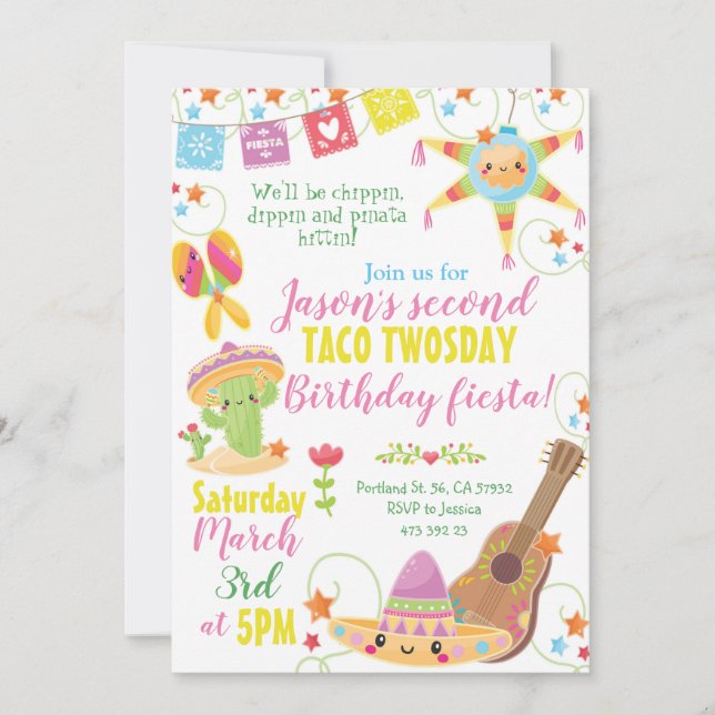 Convite Fiesta Mexicana Pinata Taco Twosday Birthday Inviv (Frente)