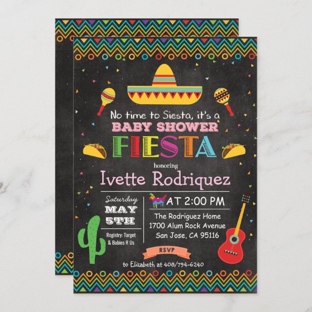 Convite Fiesta Mexicano ao Chá de fraldas Chalk (Frente/Verso)