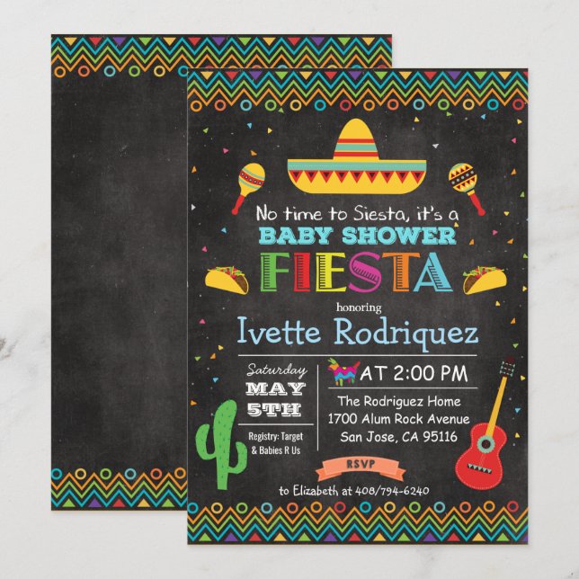 Convite Fiesta Mexicano ao Chá de fraldas Chalk (Frente/Verso)