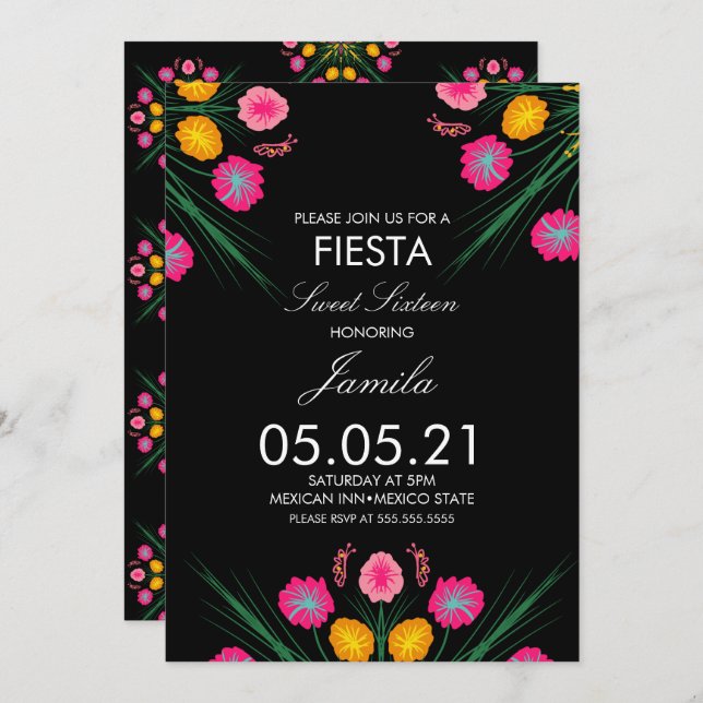 Convite Fiesta Sweet 16 Mexicanos Drawn Borboletas Florais (Frente/Verso)