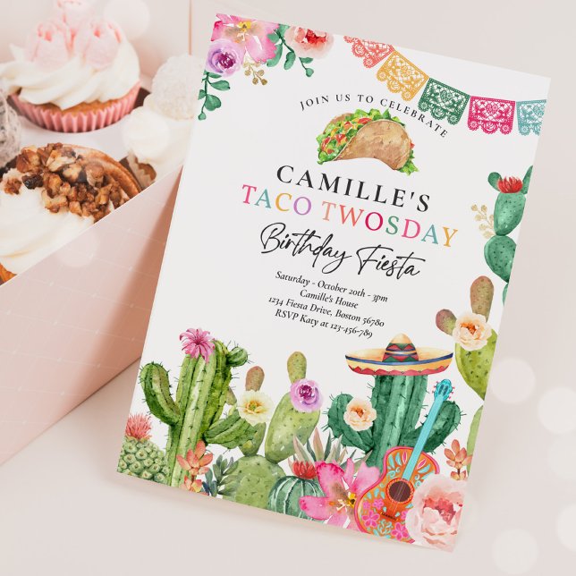 Convite Fiesta Taco Twosday Watercolor segundo aniversário (Criador carregado)