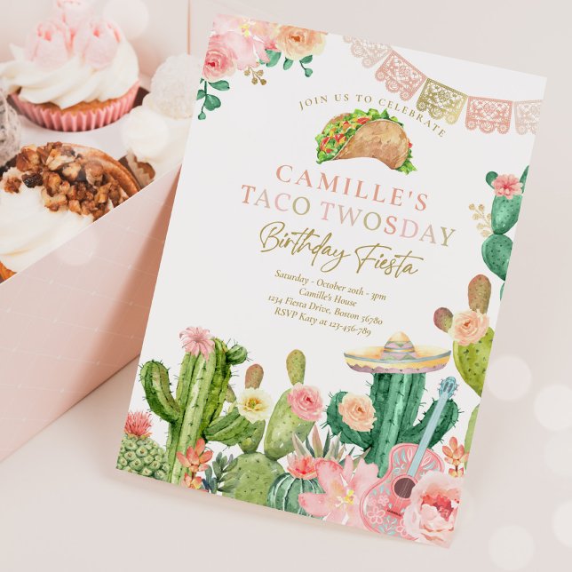 Convite Fiesta Taco Twosday Watercolor segundo aniversário (Criador carregado)